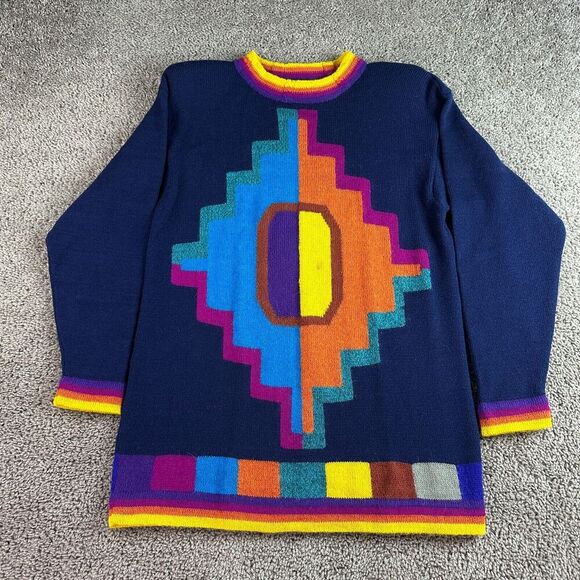 Peruvian Alpaca Sweater Womens M Blue Aztec Southwestern Tribal Shoulder Pads * - Picture 1 of 10